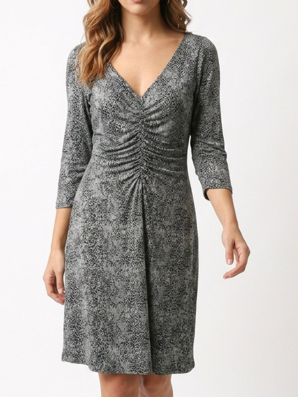 Laundry Grey animal print dress. Gathered in front.‎ Deep V. Long sleeve size M